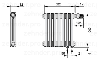 Схема (чертеж) Радиатор Zehnder Charleston 2060/7 №V002 Белый глянцевый RAL 9016
